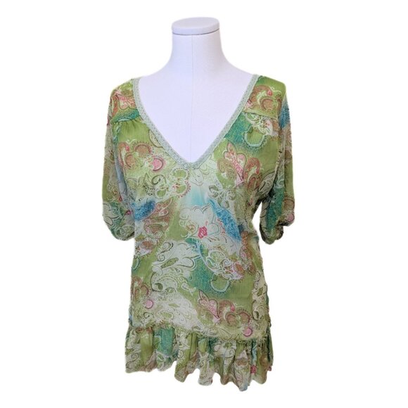 Vintage Y2K Forest Fairy Top Sheer Green Sparkle Paisley Ruffle Mesh Floral XL - Picture 2 of 10